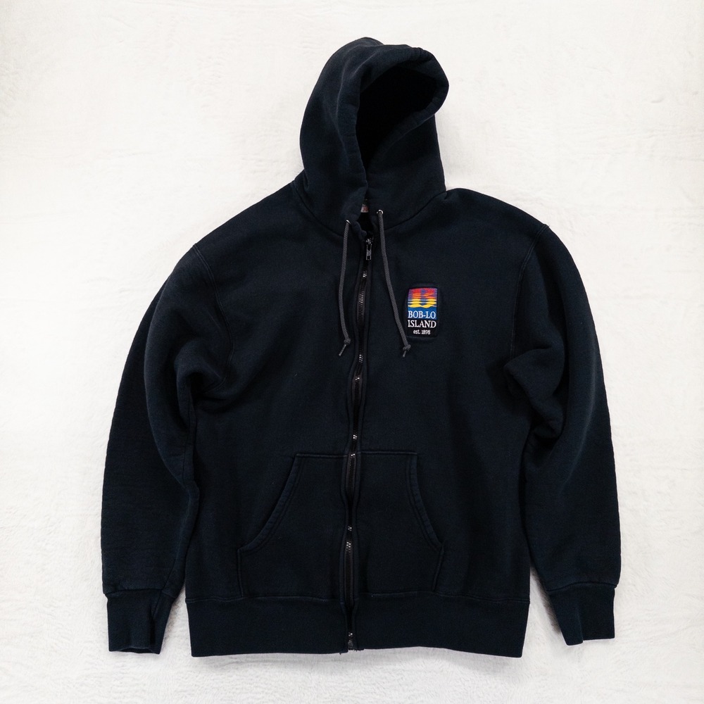 Bob-Lo Island Hoodie Adult M/L Black Full Zip Heavy Cotton Fleece Altered READ